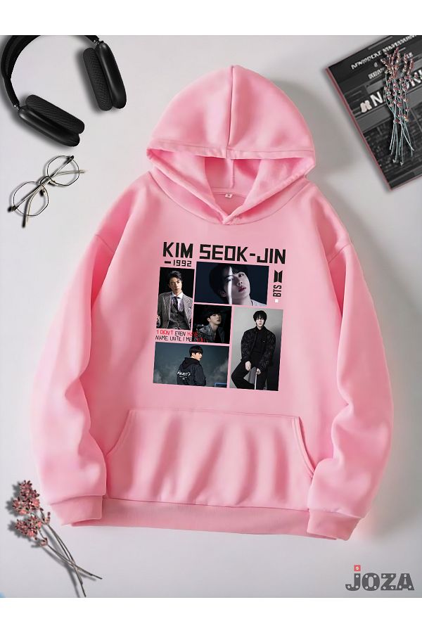 Joza Outdoors Unisex Women Men 3 Thread Basic Kim Seok Jin Bts Printed Pink Charm Hooded Fleece Sweatshirt Trendyol