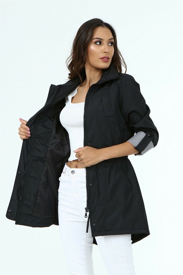 diaves Women s Black Side Gathered Foldable Sleeve Lined Trench Coat Trendyol