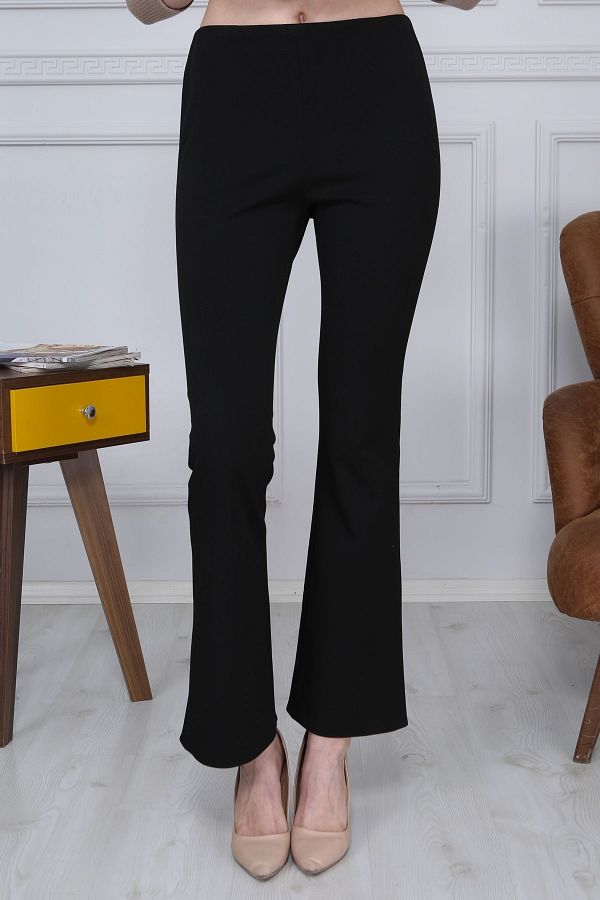 Gül Moda-Flared Leg Fabric Trousers with Elastic Waist Lycra Black Without Pockets 1