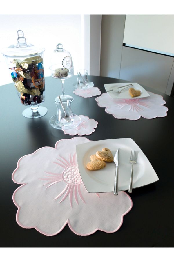 Tanem Home-Flower Pattern Embroidered Placemat Set, Cocktail Presentation Napkin Imported Linen 1