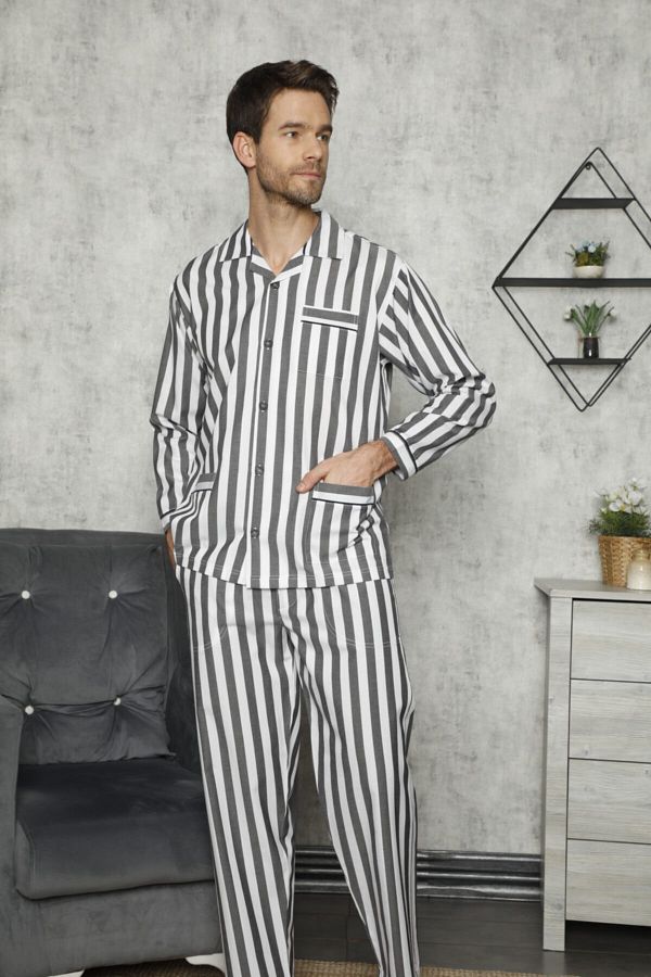 Kocabey-Set de pijamale din bumbac Gaffur cu dungi nostalgice bleumarin pentru bărbați 4007 1