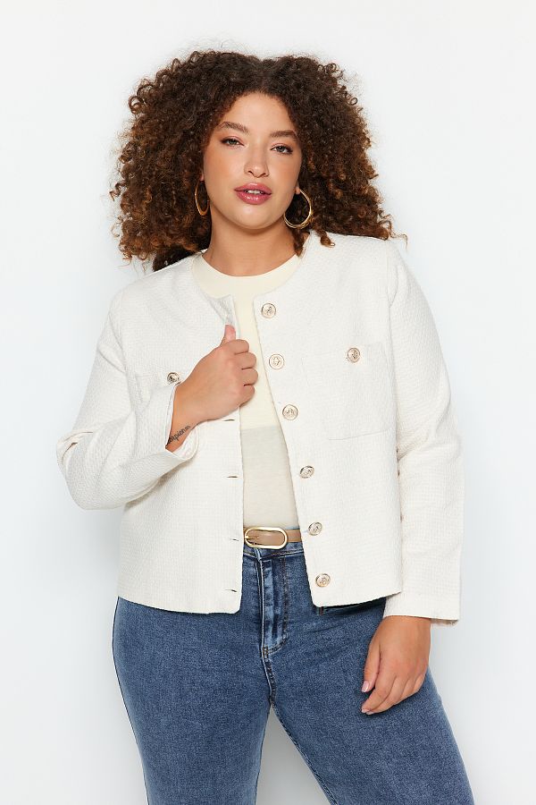 Trendyol Curve Plus Size Ecru Gold Tweed Jacket Button and Pocket TBBAW24AG00009 Trendyol