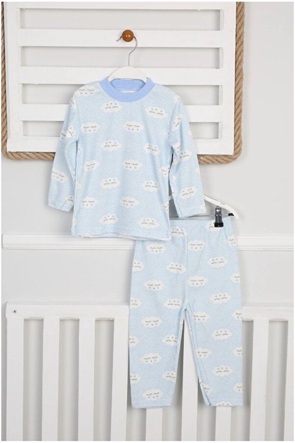 dubi baby mavi renk bulut desenli 2'li bebe pijama takımı