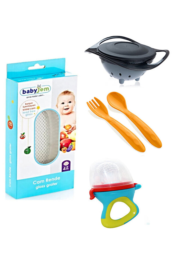 Babyjem Cam Rende + Dökülmeyen Tabak Gri + Mama Kaşık Çatal Takımı + Silikon Uçlu Meyve Sebze Emziği