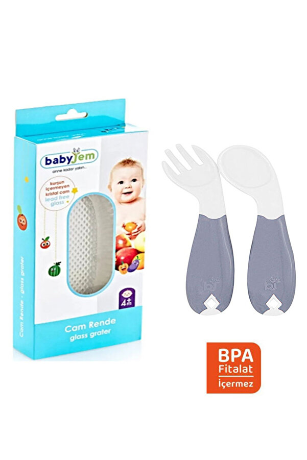 Babyjem Cam Rende Gri Açılı Mama Kaşık Çatal Takımı