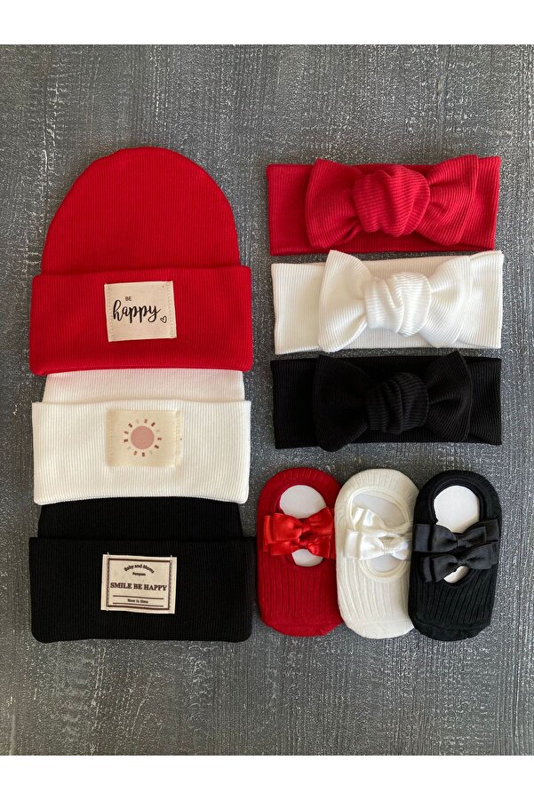 pempem bandana Kız bebek hediye etiketli bere bandana babet çorap set kırmızı siyah beyaz