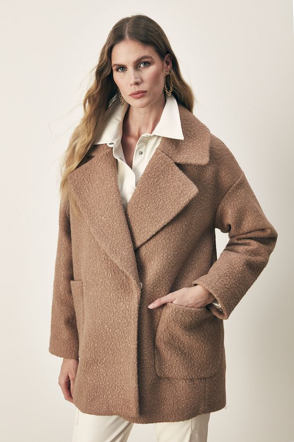 Camel boucle coat on sale