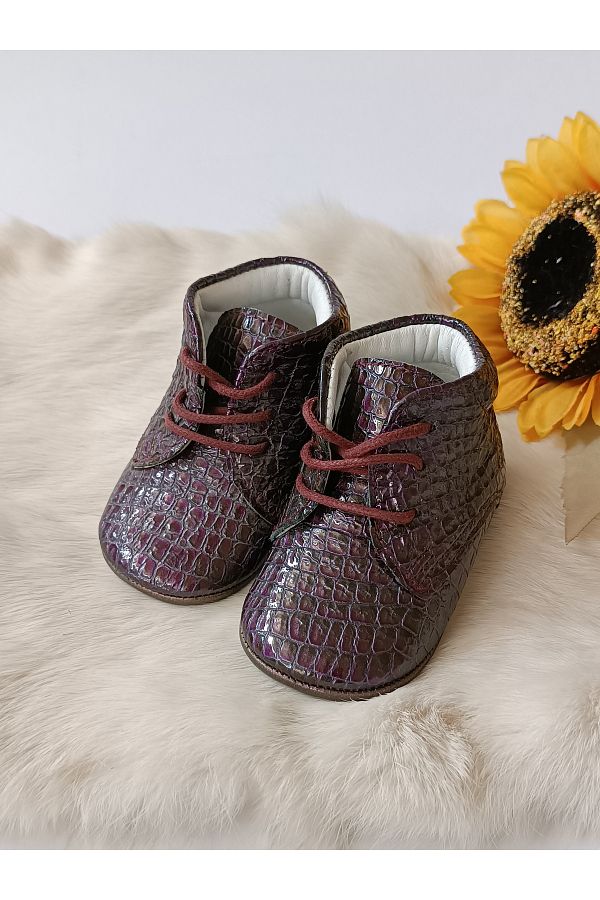 Hodore-Plum Printed Genuine Leather Baby Booties 1