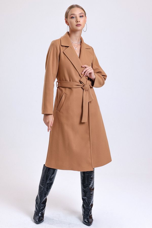 LookTrendy Women s Tan Belted Double Breasted Collar Long Cashmere Coat Trendyol