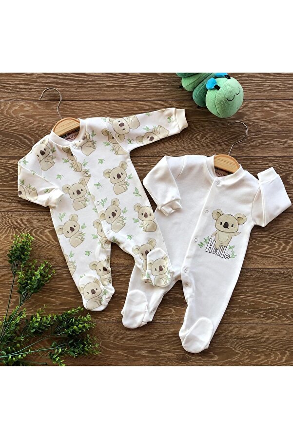 Renkli Puset 2'li Organik Pamuklu Patikli Penye Bebek Tulum Takım Koala