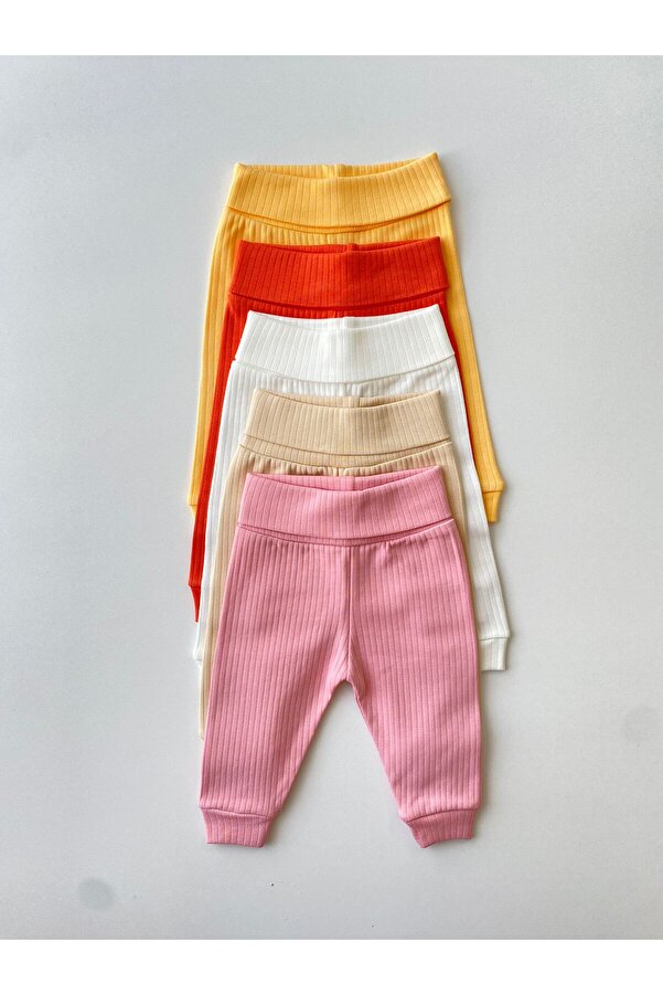 FİYONK BEBE 5'li %100 Pamuklu Raporlu Kız Bebek Basic Yüksek Bel Pantolon