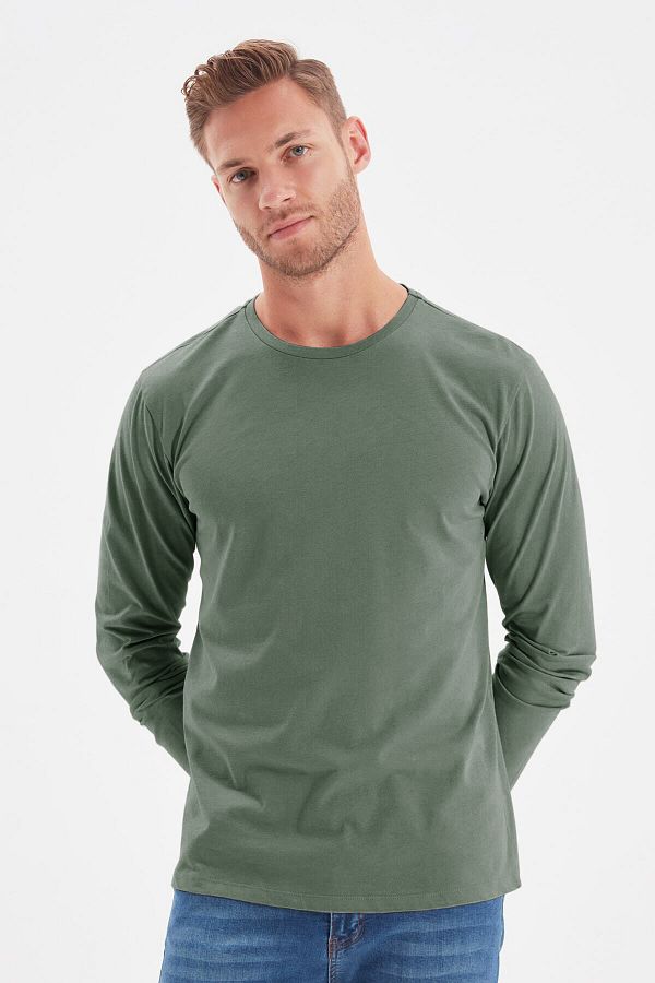 Trendyol Collection-Sötétzöld hosszú ujjú 100% pamut póló - Normal Fit TMNAW21TS0208 1