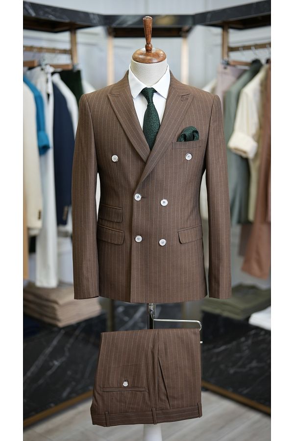 LONATOLİA-Costum cu dungi pentru bărbați, cu croiala italiană, jachetă slim fit, pantaloni-maro deschis 1
