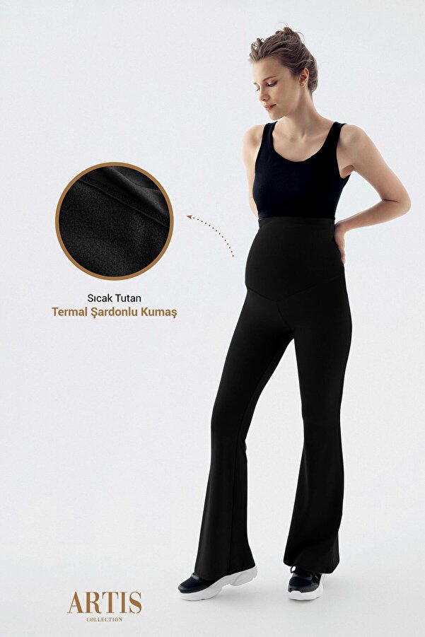 Artış Termal Şardonlu Sıcak Tutan Esnek Beli Ayarlanabilir Kışlık İspanyol Paça Hamile Tayt T18