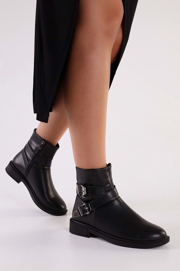 Shoeberry Women s Sukie Black Skin Buckle Flat Heeled Boots Black Skin Trendyol