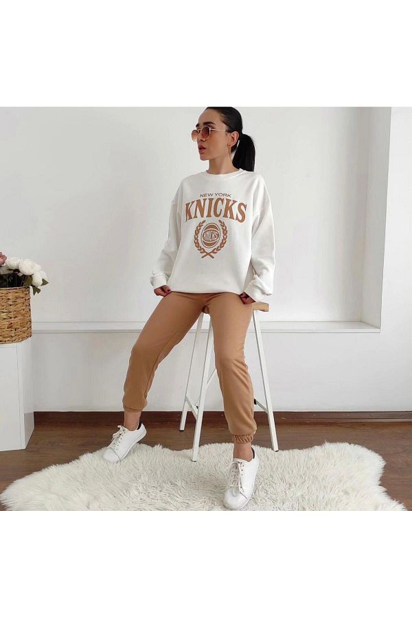 BE QUEEN PLUS SIZE SPECIAL PRODUCTION KNICKS PRINTED CREW COLLAR 100 COTTON WOMEN S TRACKSUIT SET Trendyol
