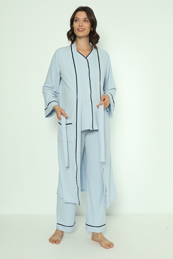 Miss Dünya Lissa Bebe Mavisi Önden Düğmeli Uzun Sabahlıklı Hamile ve Lohusa Pijama Takımı