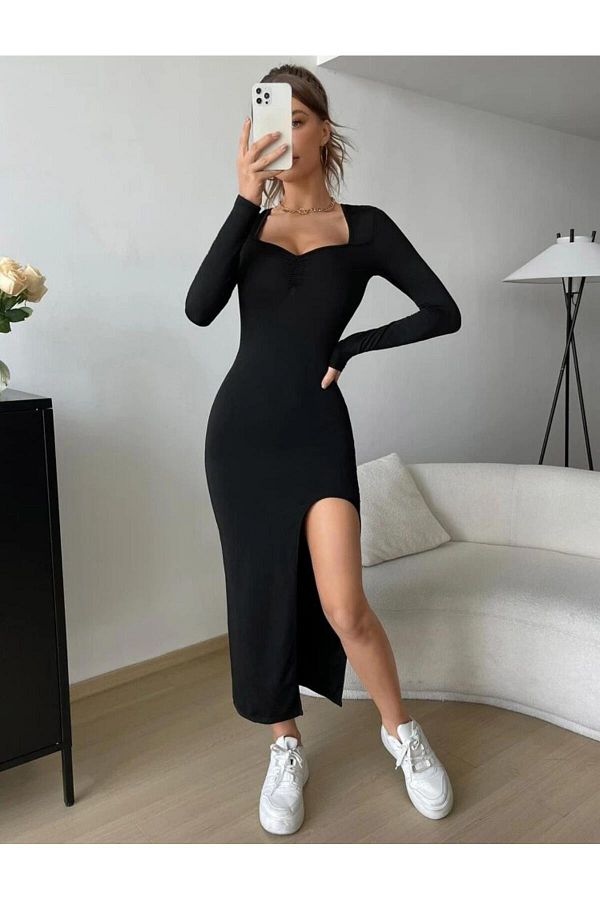 Black long sleeve ankle length dress sales