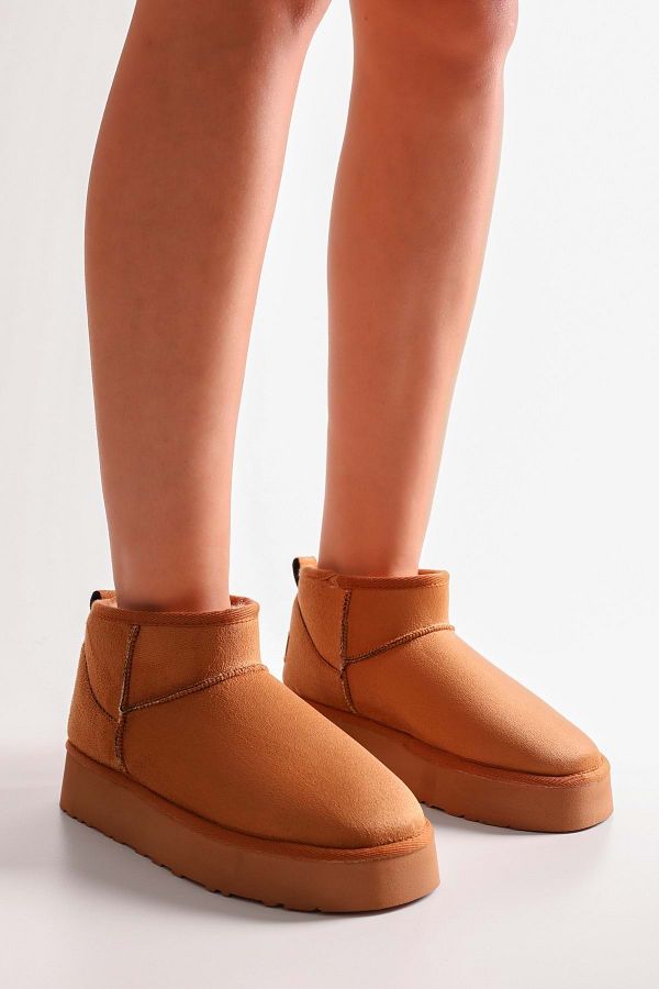 Shoeberry Tan Short Suede Boots Women s Textile with Feather Inside Trendyol