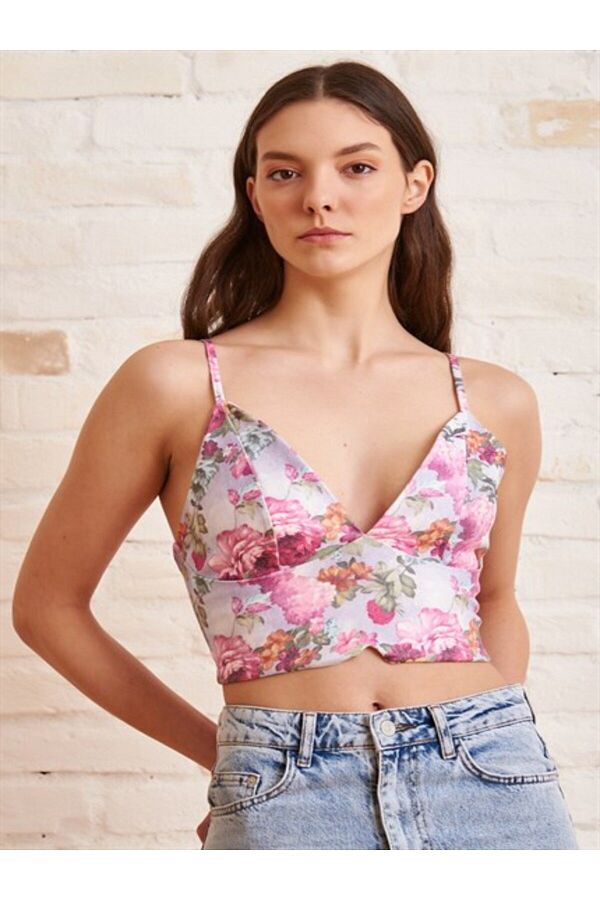 Fiore Viola Women s Bustier crop Back Lace up Flower Pattern Crop Top Bustier Floral Colorful Trendyol