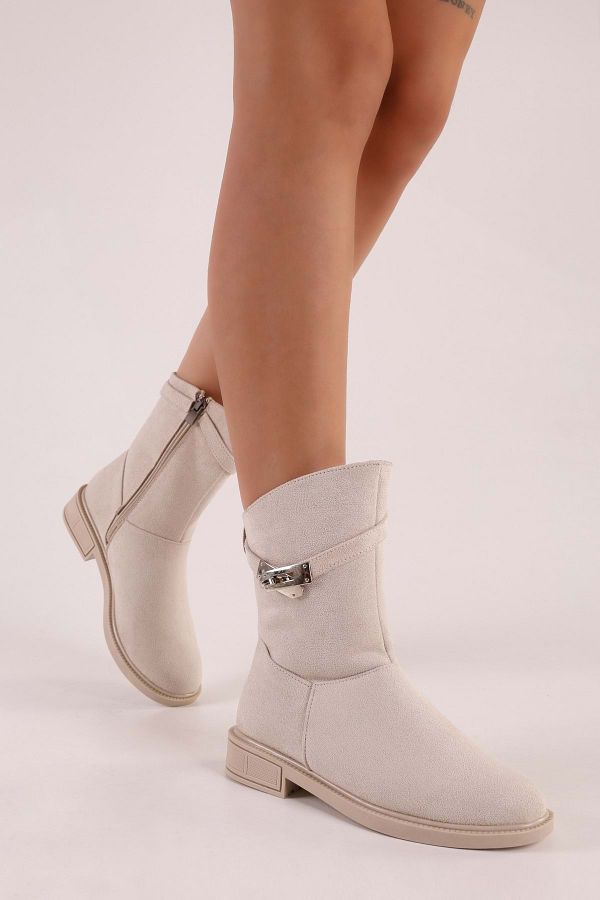 Shoeberry-Damen-Stiefel Mayslie aus beigem Wildleder mit Schnalle und flachem Absatz Beiges Wildleder 1
