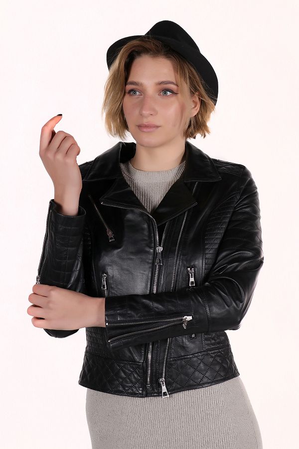 WOOG DERİ-Women's Black Genuine Leather Dimple Model Jacket 1