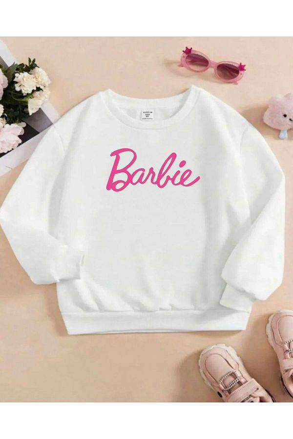 Renna Mood White Barbie Printed Girl s Crew Neck Sweatshirt Trendyol