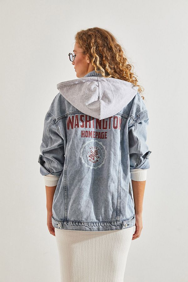 Bianco Lucci Women s Gray Hooded Back Printed Denim Jacket 2140 Trendyol