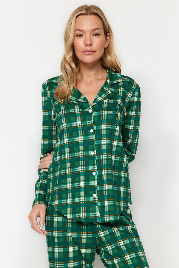 Trendyol Collection-Set de lenjerie de dormit cămașă și pantaloni din bumbac în carouri verde - THMAW24PT00252 1