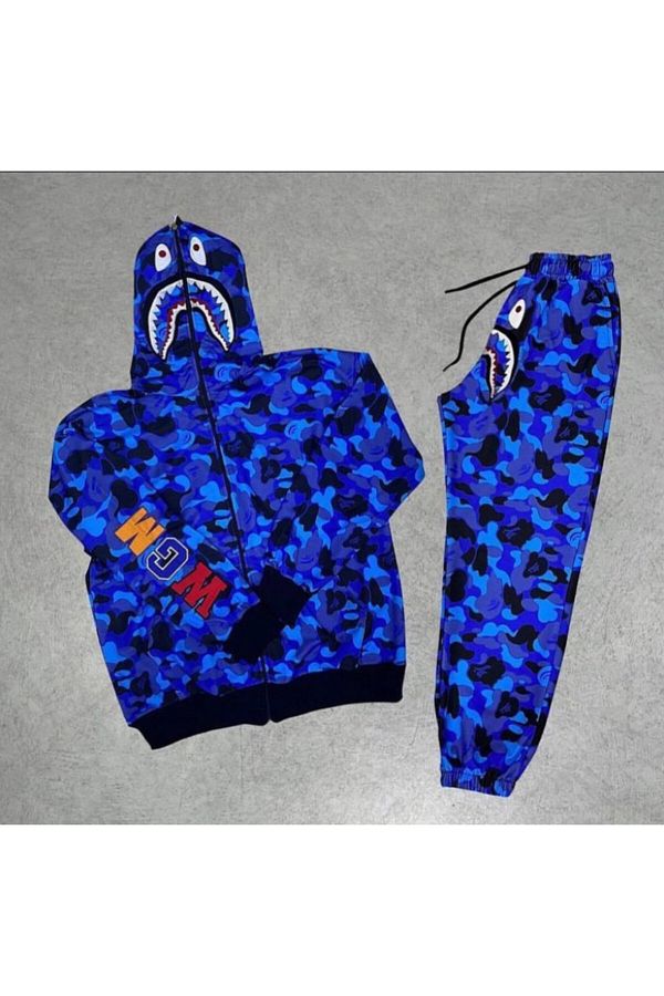 Mhm-Set de trening Bape albastru din bumbac cu 2 fire brodate unisex 1
