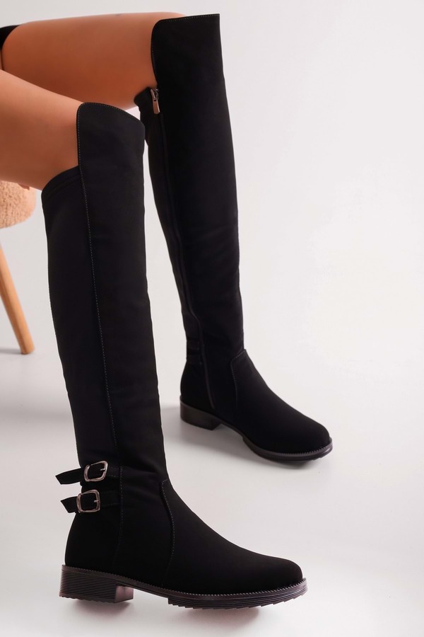 Shoeberry-Damen-Stiefel Francesca aus schwarzem, elastischem Nubukleder, schwarzes Nubukleder 1