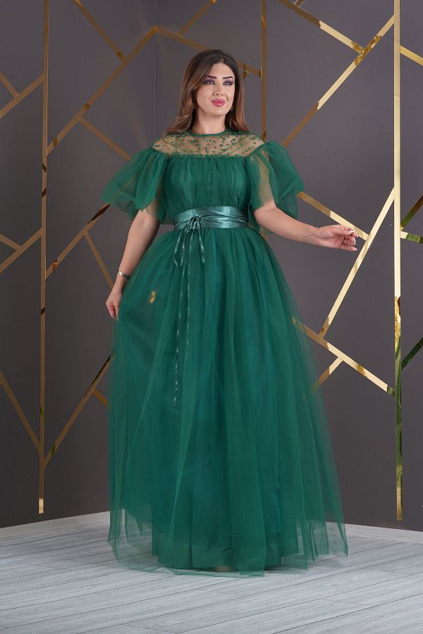 Matik Abiyem Tulle Design Transparent Pearl Gold Belt Accessory Short Cape Sleeve Long Evening Dress Trendyol