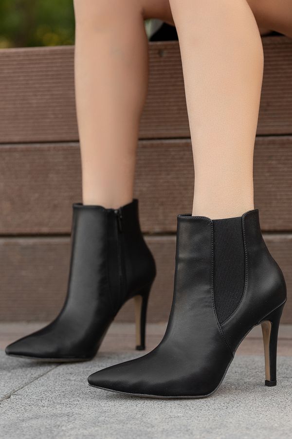 BOUIS Women s Black Vegan Leather Non Slip Sole Pointed Heeled Boots Zippered Bootie Trendyol