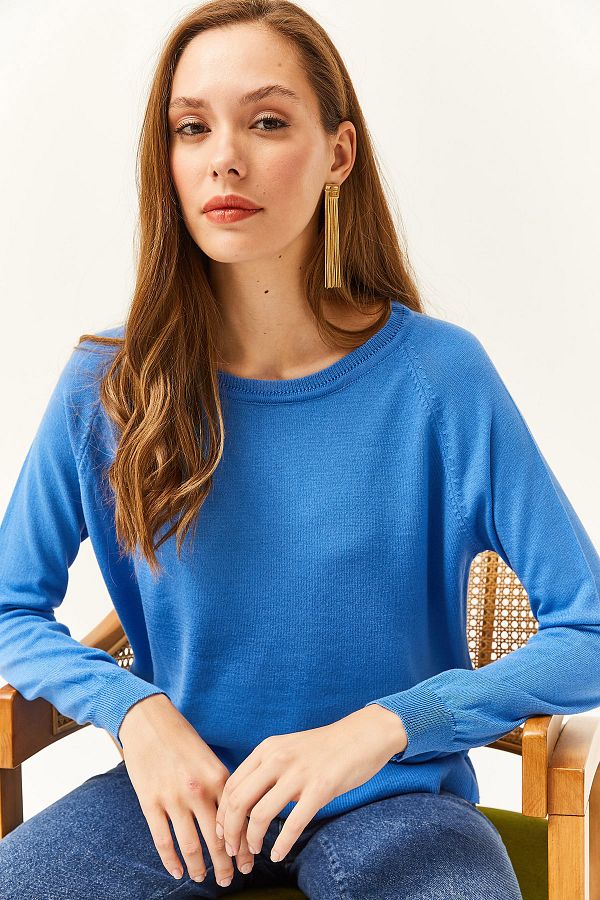 Olalook-Women's Blue Crew Neck Striped Cotton Viscose Knitwear Blouse BLZ-19002414 1