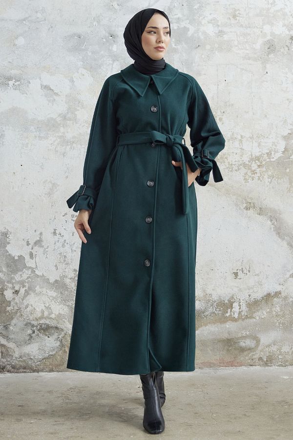 InStyle Blair Collar Belted Cashmere Coat Emerald Green Trendyol