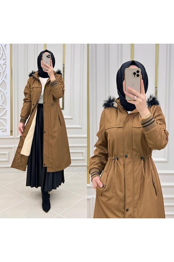 MUST Women s plus Size Tan Plush Lining Bondit Coat Coat Trendyol