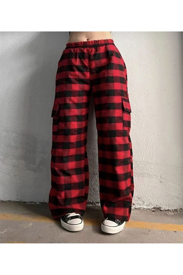DEEFWEAR-Unisex Elastic Waist Cargo Pocket Detailed Black Red Plaid Trousers 1