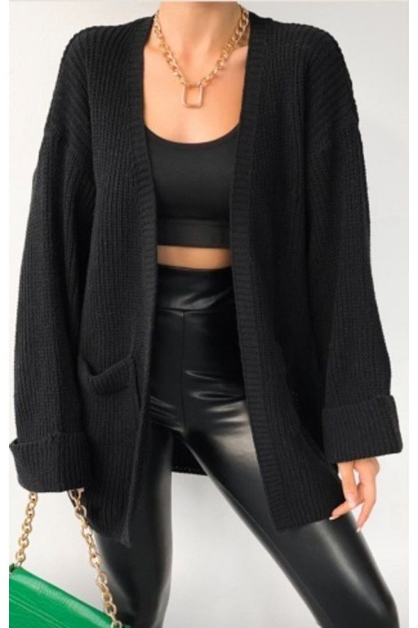 Nazende Stil-Lose Strick-Cardigan für Damen mit gefalteten Ärmeln und Taschen 1