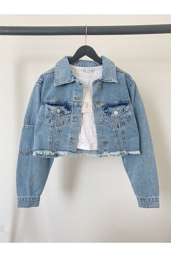Ekim Store Ripped Crop Denim Jeans Jacket with Sleeve Pockets Trendyol