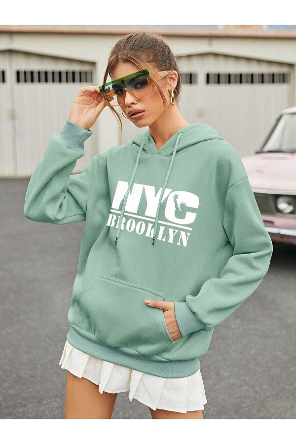 Tarzsokak Women s Mint Green NYC Printed Oversize Hooded Sweatshirt Benisengiydirnycsweat Trendyol