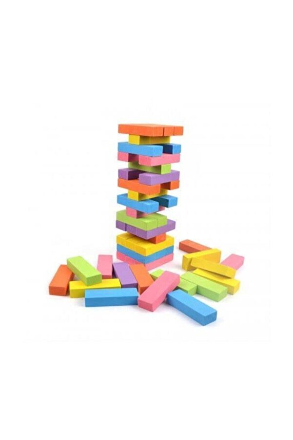 Jenga Renkli Büyük Boy Doğal Ahşap Denge Oyunu Kule Oyunu 54 Parça Renkli