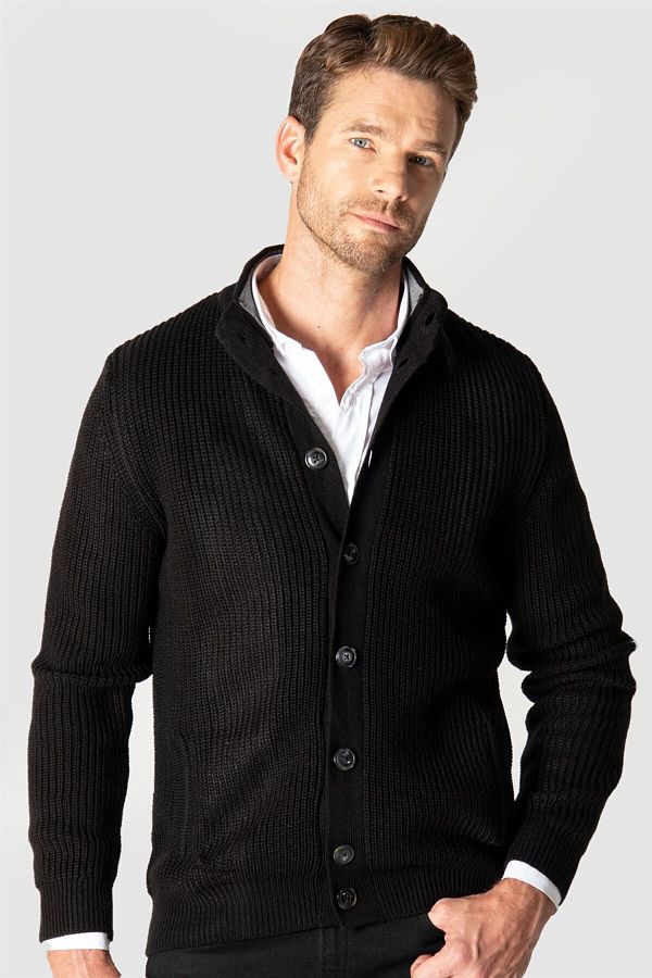 Tudors Men s Slim Fit Striped Black Cardigan with Side Pockets Trendyol