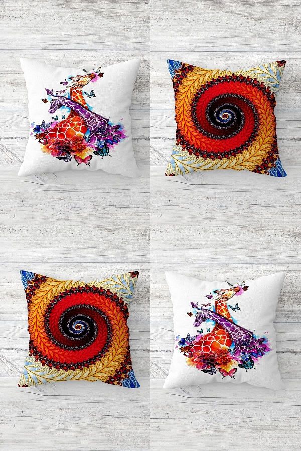 on the clouds-Ethnic Fractal Patterned and Hidden Zippered Hugging Giraffe Throw Pillow Cover Sofa Pillow Set - 4PCS 1