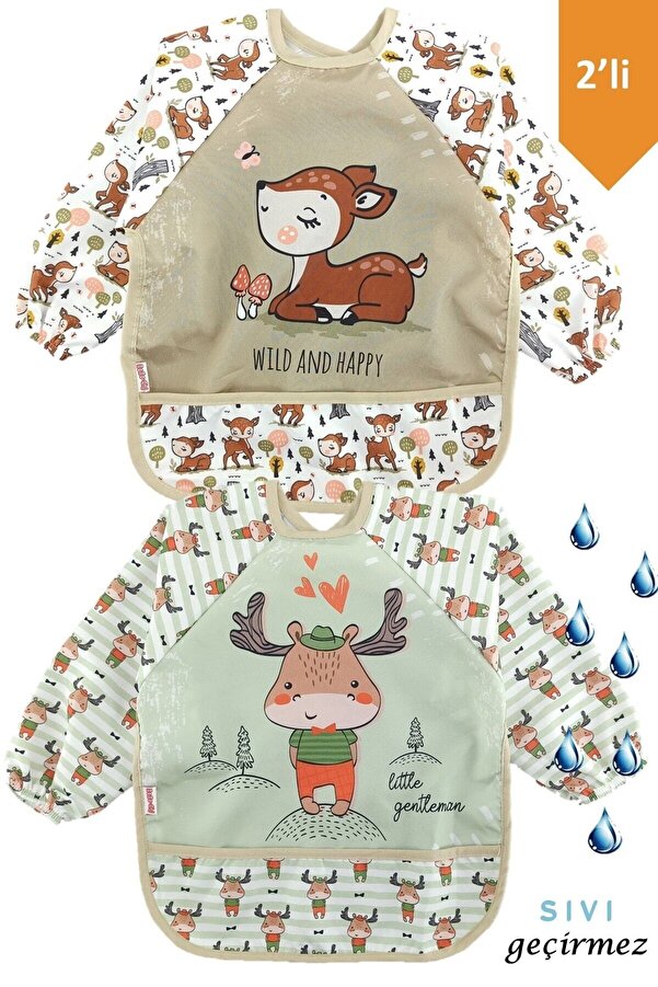 dubi baby Ceylan ve Geyik Desen Kollu Cepli Bebek Mama Önlüğü