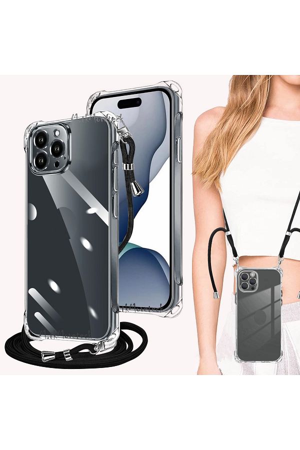 m.tk moveteck-iPhone 15 Pro Max Case Corner Protection Transparent Silicone Neck and Shoulder Strap Drawstring Phone Bag Rope 1