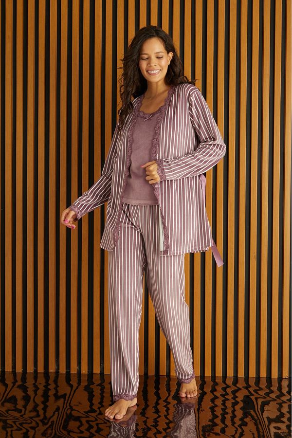 Farya Home Luxury Velvet 3 Piece French Velvet Dressing Gown Patterned Pajama Set Trendyol