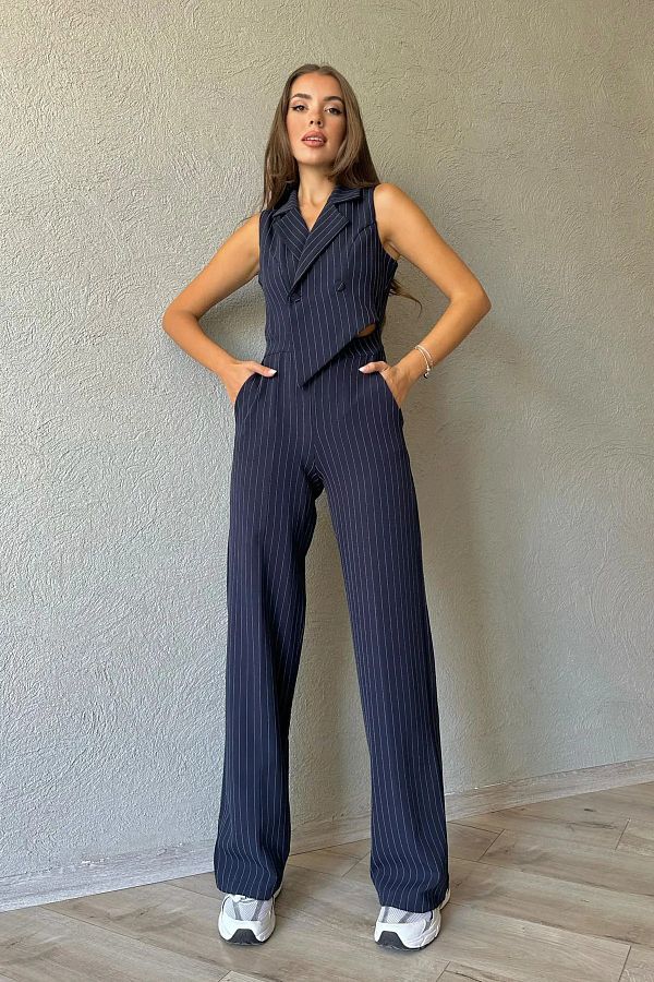 Laluvia Navy Blue Striped Double Breasted Jumpsuit Button Detailed Sleeveless Atlas Jacket Collar 3195 Trendyol