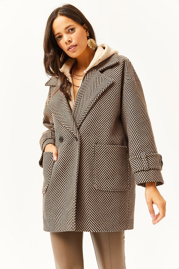 Olalook Women s Camel Lined Pocket Oversize Houndstooth Coat KBN 19000010 Trendyol
