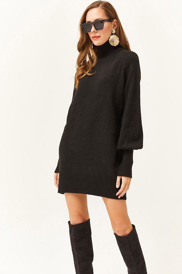 Olalook Women s Black Turtleneck Balloon Sleeve Soft Textured Tunic Dress ELB 19001978 Trendyol