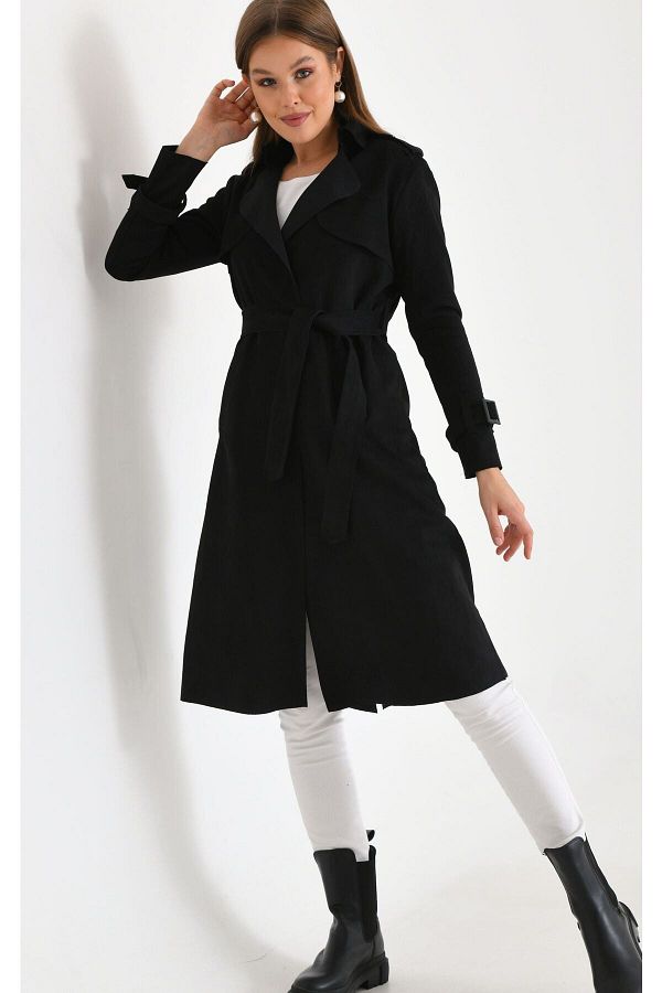Divesse Black Women s Trench Coat with Belt Suede Long Jacket Trendyol